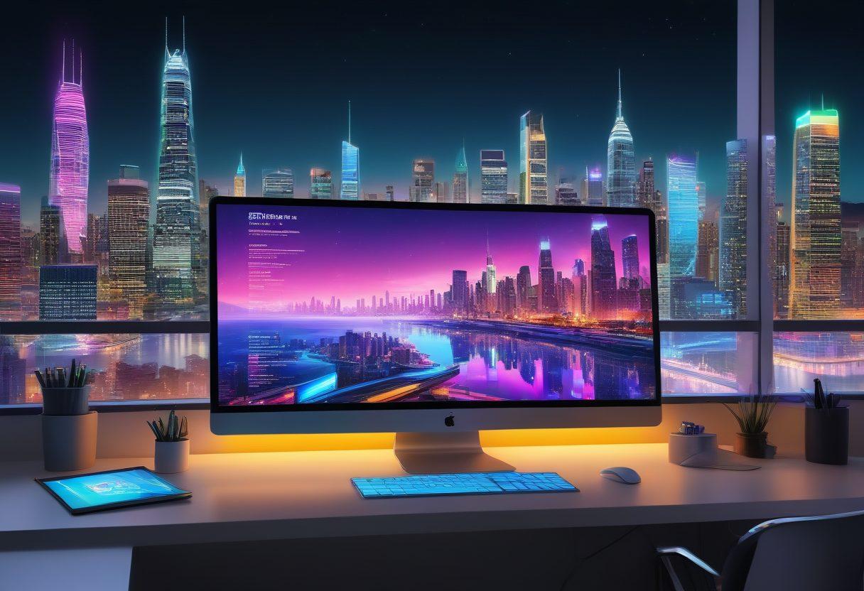 A dynamic and inviting workspace with a glowing computer screen displaying a vibrant website in progress, surrounded by colorful digital elements like coding snippets and graphs. In the background, a futuristic city skyline symbolizes endless possibilities in the digital realm. Use bright and lively colors to convey innovation and creativity. super-realistic. vibrant colors. 3D.
