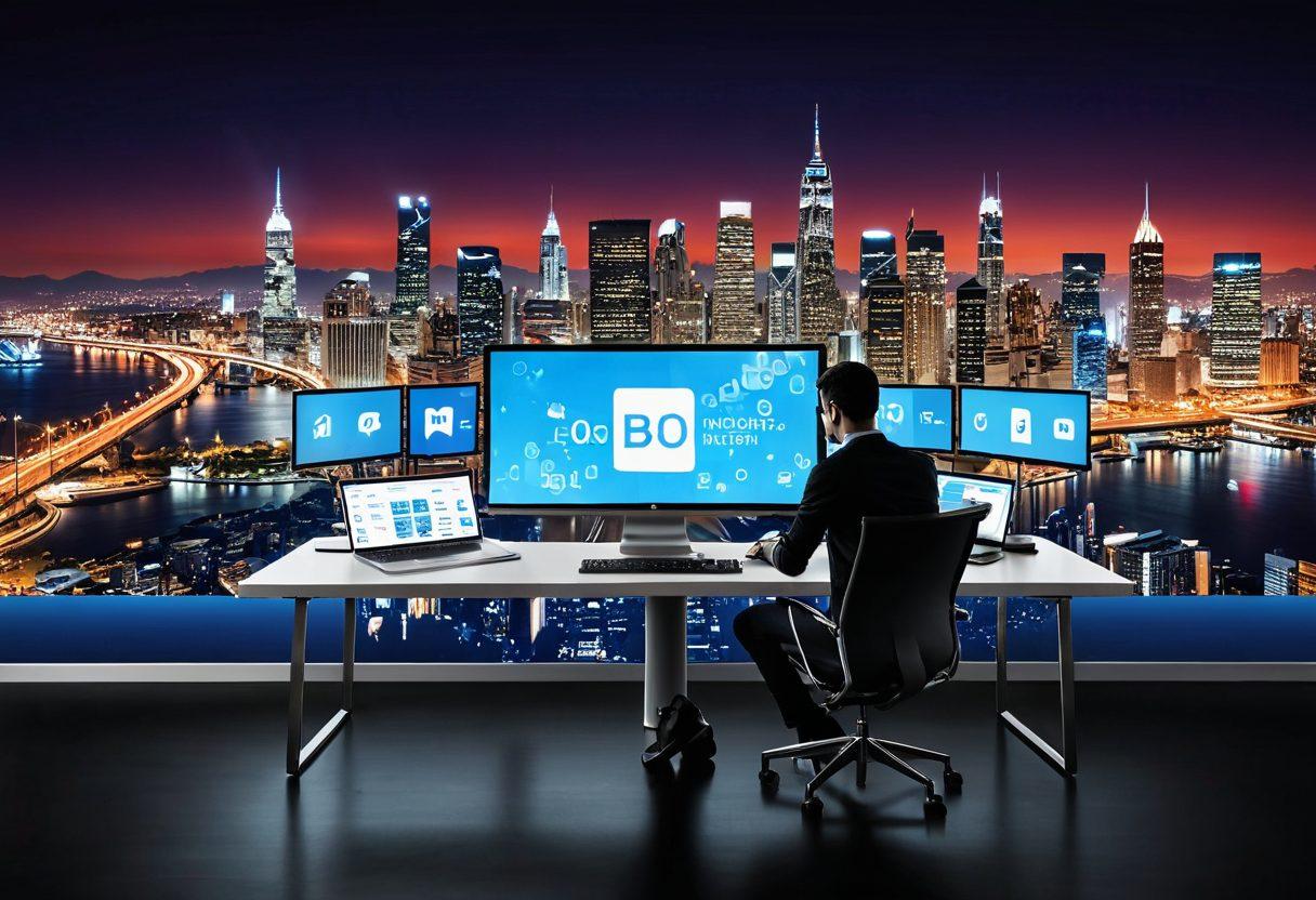 A modern individual sitting at a sleek desk, surrounded by multiple digital devices displaying social media icons and website analytics. The backdrop showcases a city skyline with floating digital elements representing online connections and interactions. Lively colors symbolize creativity and engagement. The vibe is motivational and dynamic. super-realistic. vibrant colors. modern design.