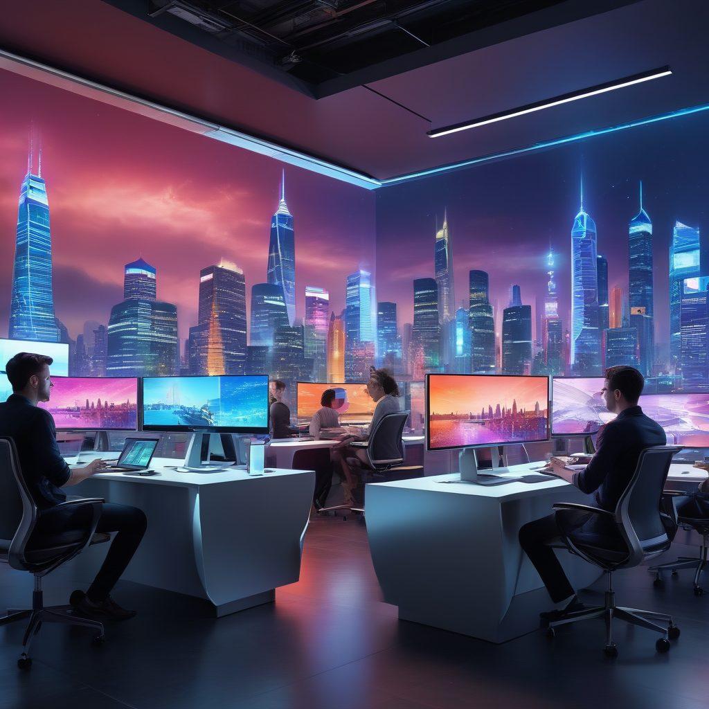 A dynamic workspace where diverse individuals collaborate on futuristic technology ideas, showcasing holographic interfaces and innovative gadgets for e-commerce. The background features an inspiring city skyline with digital ads. Use vibrant colors to emphasize creativity and innovation. super-realistic. vibrant colors. 3D.